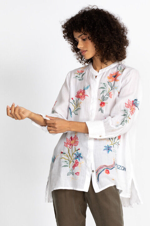 Johnny Was Jordan Voyager Tunic Shirt Floral White Flower Embroidery Top NEW