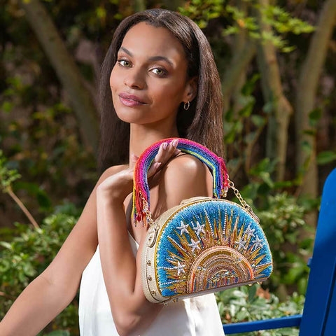 Mary Frances Sunshine Rainbows Top Beaded Crossbody Blue Handbag Evening Bag New