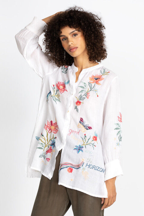 Johnny Was Jordan Voyager Tunic Shirt Floral White Flower Embroidery Top NEW
