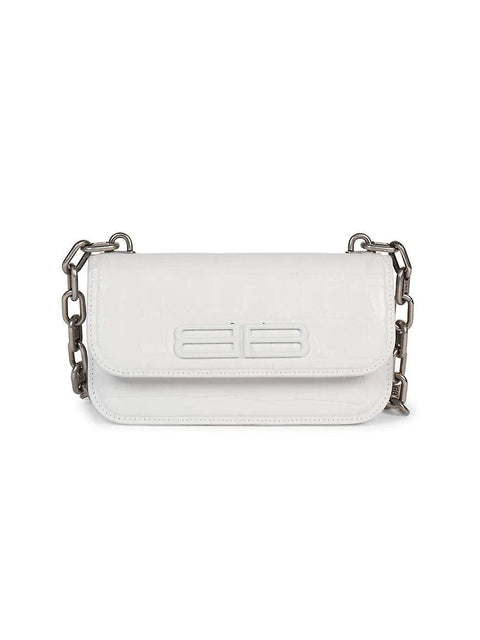 Balenciaga Gossip BB Logo Croco Embossed Leather Shoulder Bag White X Small NEW