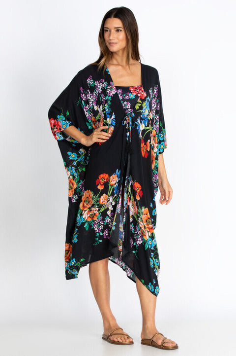 Jonny Was FLOWER ARCH MIDI KIMONO Floral Black Swim Dress New