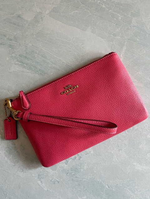 Coach Wristlet Small Wallet Pebbled Leather Zip Handbag Watermelon Pink Bag NEW