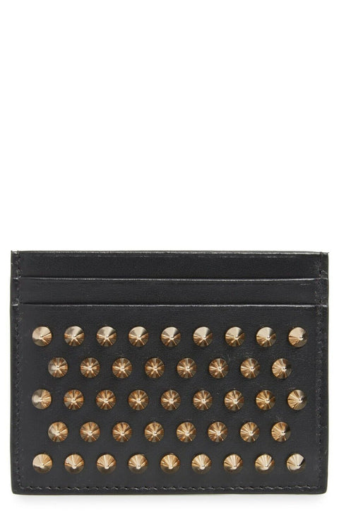 CHRISTIAN LOUBOUTIN Kios Spiked Calfskin Leather Card Case Black Gold Men NEW