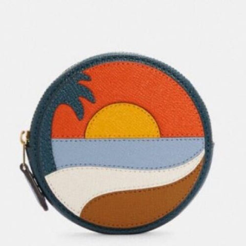 Coach Circle Coin Case Beach Postcard Zip Leather Wallet Gold Dark Orange NEW