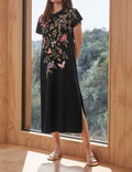 Johnny Was Osaka Relaxed Knit Dress Cotton Embroidery Pink Flowers Black New