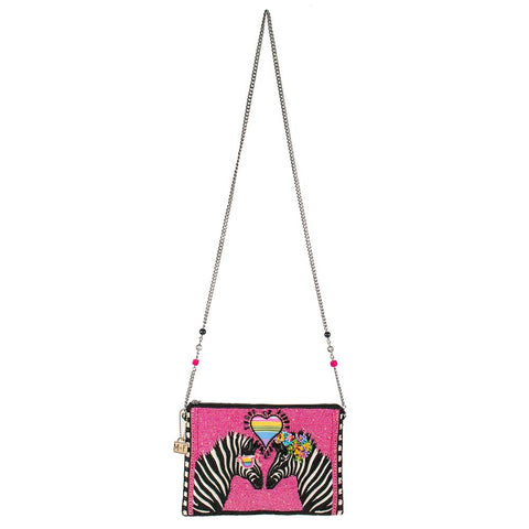 Mary Frances Smitten Beaded Zebra Love Crossbody Handbag Zip Pink Bag Purse NEW