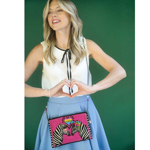 Mary Frances Smitten Beaded Zebra Love Crossbody Handbag Zip Pink Bag Purse NEW