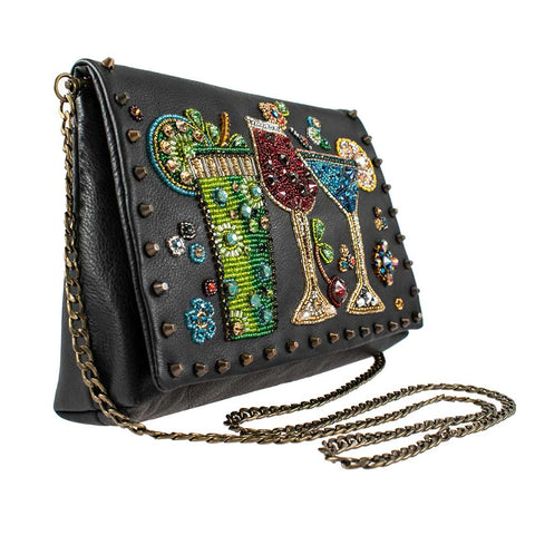 Mary Frances Stay and Party Crossbody Beaded Bag Leather Black Gold Handbag NEW