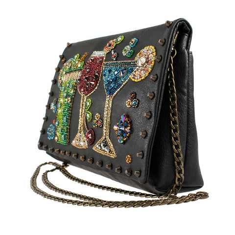 Mary Frances Stay and Party Crossbody Beaded Bag Leather Black Gold Handbag NEW