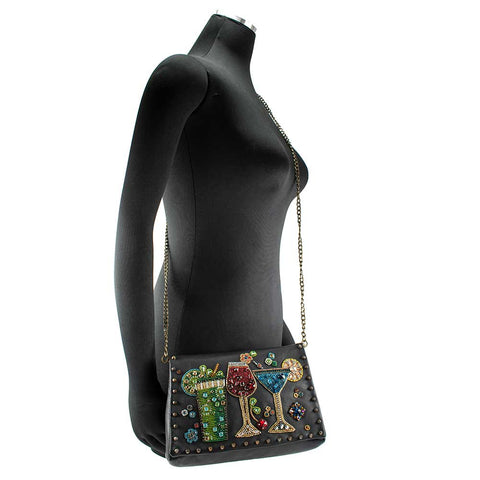 Mary Frances Stay and Party Crossbody Beaded Bag Leather Black Gold Handbag NEW