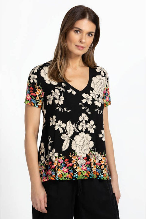 Johnny Was Redland Favorite Short Sleeve Floral V Neck Swing Tee Special Shirt Black New