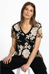 Johnny Was Redland Favorite Short Sleeve Floral V Neck Swing Tee Special Shirt Black New