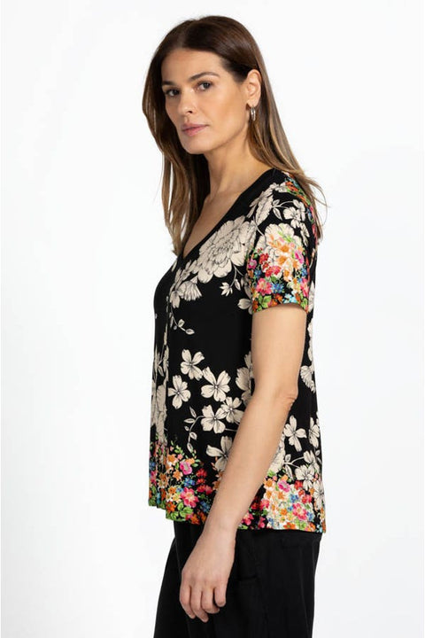 Johnny Was Redland Favorite Short Sleeve Floral V Neck Swing Tee Special Shirt Black New