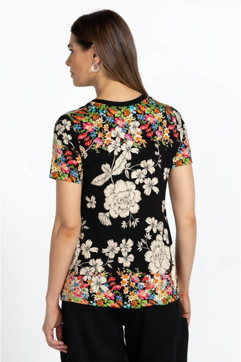 Johnny Was Redland Favorite Short Sleeve Floral V Neck Swing Tee Special Shirt Black New