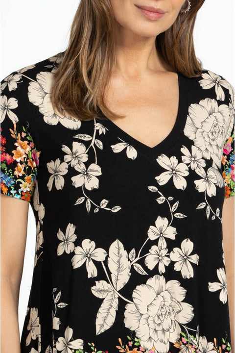 Johnny Was Redland Favorite Short Sleeve Floral V Neck Swing Tee Special Shirt Black New