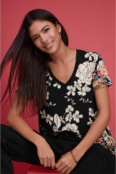 Johnny Was Redland Favorite Short Sleeve Floral V Neck Swing Tee Special Shirt Black New