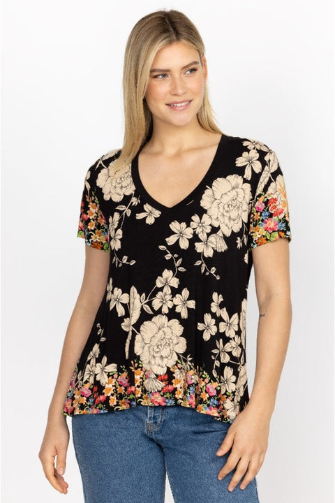 Johnny Was Redland Favorite Short Sleeve Floral V Neck Swing Tee Special Shirt Black New