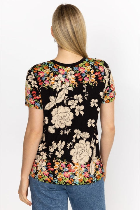 Johnny Was Redland Favorite Short Sleeve Floral V Neck Swing Tee Special Shirt Black New