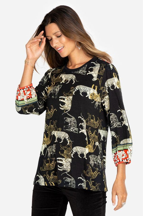 Johnny Was Teeger Knit Puff Sleeve Long Top Tee Shirt Zebra Animal Black NEW