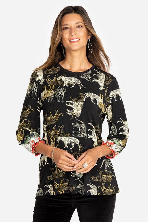 Johnny Was Teeger Knit Puff Sleeve Long Top Tee Shirt Zebra Animal Black NEW
