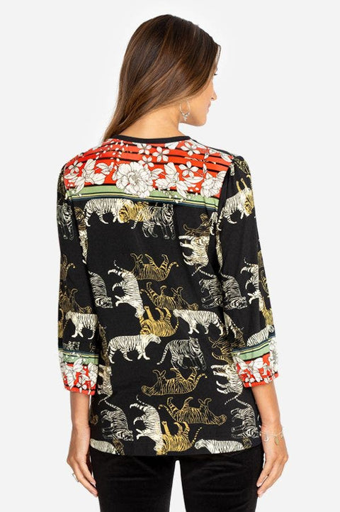 Johnny Was Teeger Knit Puff Sleeve Long Top Tee Shirt Zebra Animal Black NEW