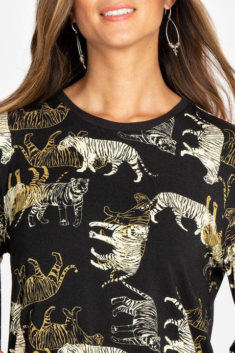 Johnny Was Teeger Knit Puff Sleeve Long Top Tee Shirt Zebra Animal Black NEW