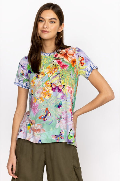 Johnny Was Cozumel Favorite Swing Tee Shirt Floral Butterfly Top Violet Green NEW