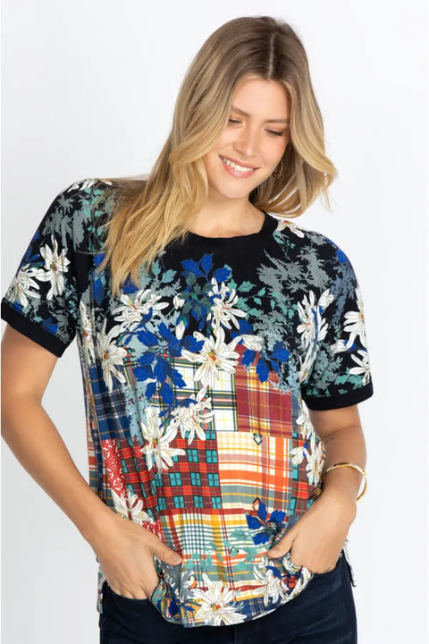 Johnny Was Ona Raglan Women Plaid Navy Blue Top Bamboo Red Plus Tee Shirt New