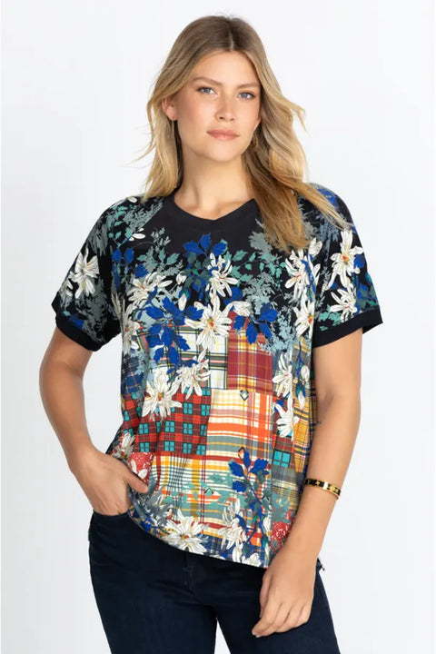 Johnny Was Ona Raglan Women Plaid Navy Blue Top Bamboo Red Plus Tee Shirt New