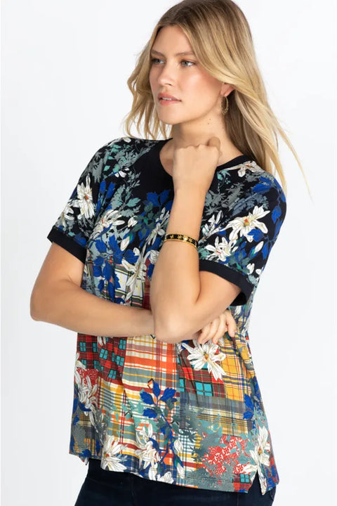 Johnny Was Ona Raglan Women Plaid Navy Blue Top Bamboo Red Plus Tee Shirt New