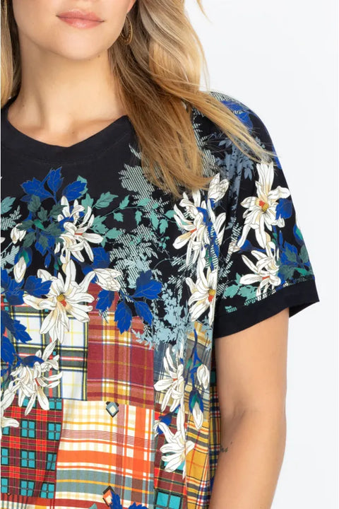Johnny Was Ona Raglan Women Plaid Navy Blue Top Bamboo Red Plus Tee Shirt New