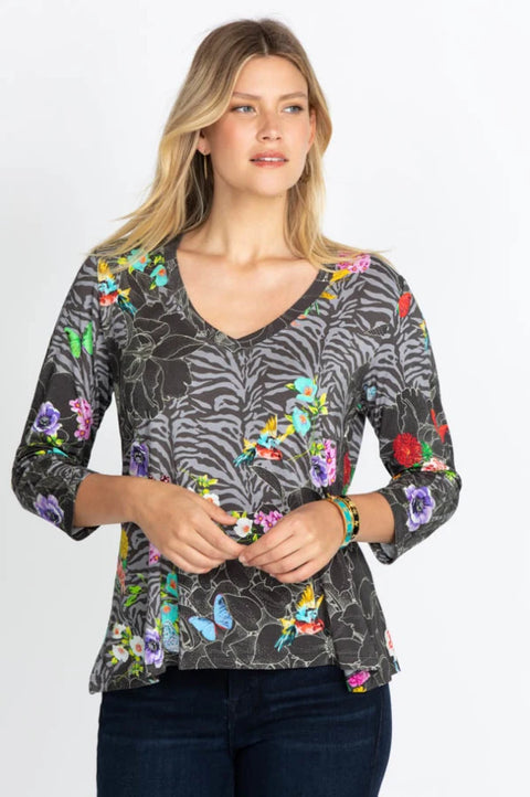 Johnny Was Zippy Favorite Flower Black Gray V Floral Swing Shirt Top Tee XXL NEW