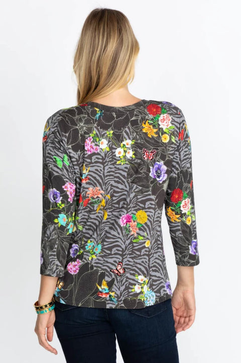 Johnny Was Zippy Favorite Flower Black Gray V Floral Swing Shirt Top Tee XXL NEW