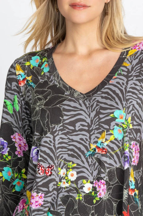 Johnny Was Zippy Favorite Flower Black Gray V Floral Swing Shirt Top Tee XXL NEW