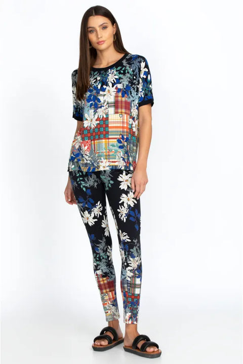 Johnny Was Ona Legging Pants Flowers Cotton Floral Leggings Dark Blue Large NEW