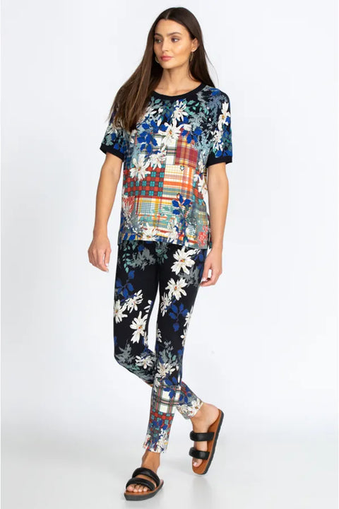 Johnny Was Ona Legging Pants Flowers Cotton Floral Leggings Dark Blue Large NEW