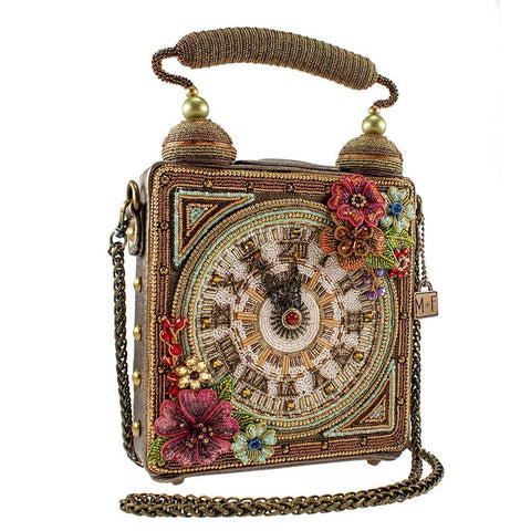 Mary Frances Time of Your Life Beaded Handbag Clock Bag 3D Flower Gold Purse NEW