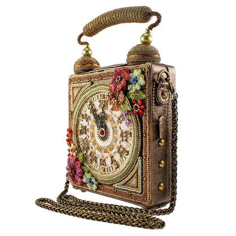 Mary Frances Time of Your Life Beaded Handbag Clock Bag 3D Flower Gold Purse NEW