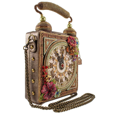 Mary Frances Time of Your Life Beaded Handbag Clock Bag 3D Flower Gold Purse NEW