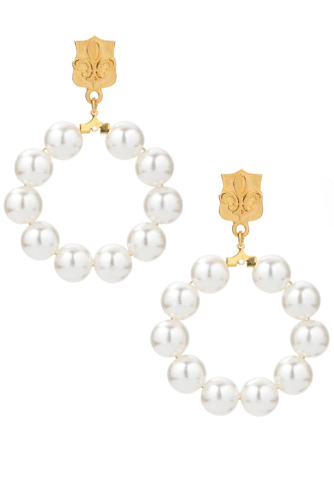 French Kande White Fdl Pendant Faux Pearl Medallion Hoop Earrings Gold Plate NEW
