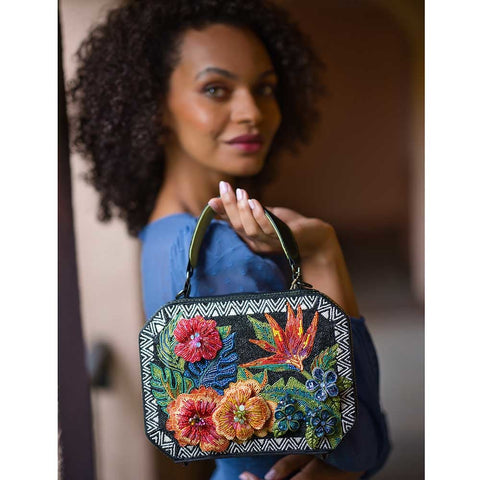 Mary Frances Tropical Zone Floral Black Beaded Handbag Crossbody Bag Purse NEW