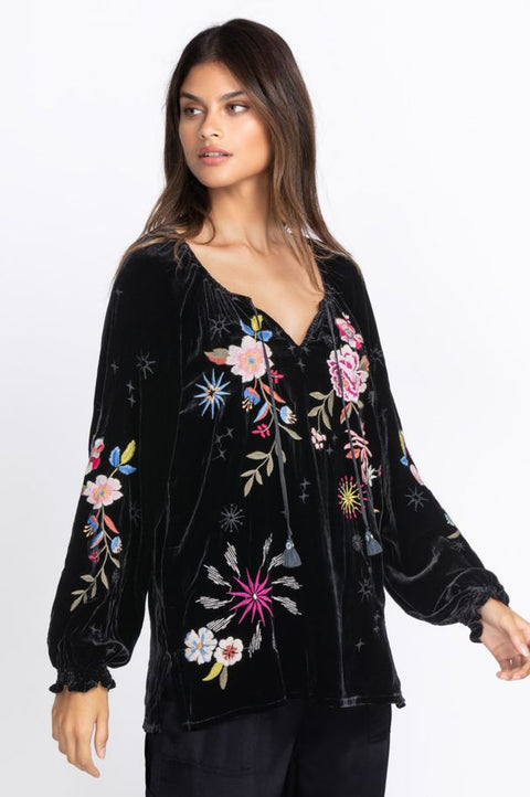 Johnny Was Floral Celestine Velvet Bishop Blouse Black Shirt Long Sleeve Top NEW