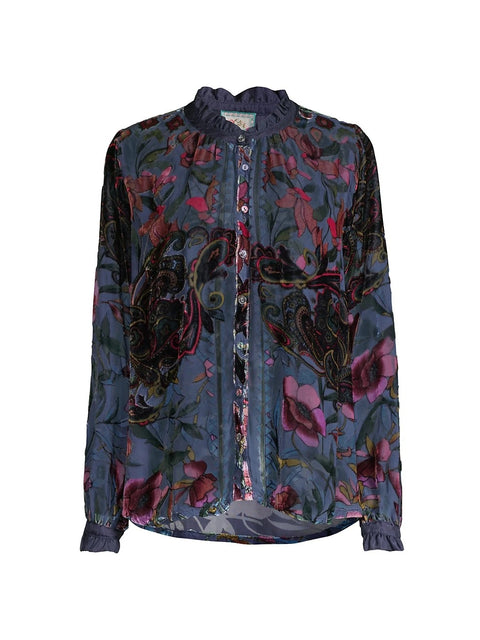 Johnny Was Clara Burnout Leda Button Top Floral Navy Blue Black Velvet Shirt NEW