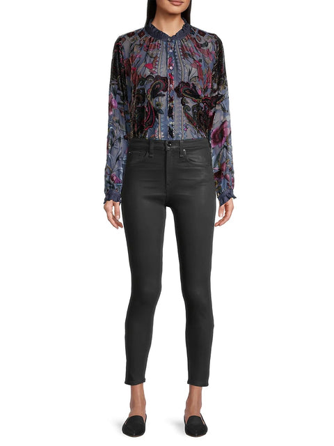 Johnny Was Clara Burnout Leda Button Top Floral Navy Blue Black Velvet Shirt NEW