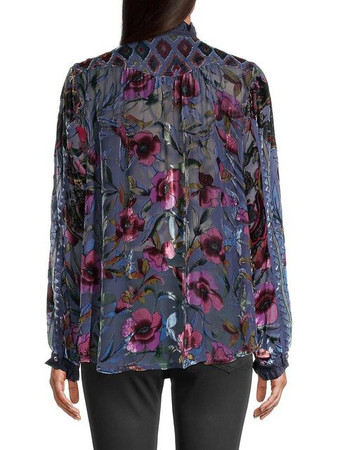 Johnny Was CLARA BURNOUT LEDA BUTTON DOWN Top Shirt Embroidered Floral Blue Navy Black Velvet New