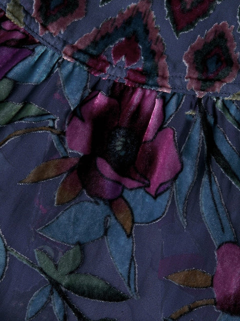 Johnny Was Clara Burnout Leda Button Top Floral Navy Blue Black Velvet Shirt NEW