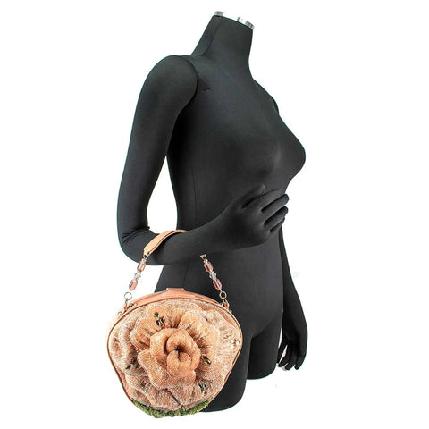 Mary Frances Pink Petals Evening Bag Beaded Floral Peach Crossbody Handbag New